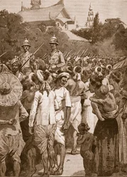 Les forces britanniques entrant à Mandalay, 1885, illustration de 
